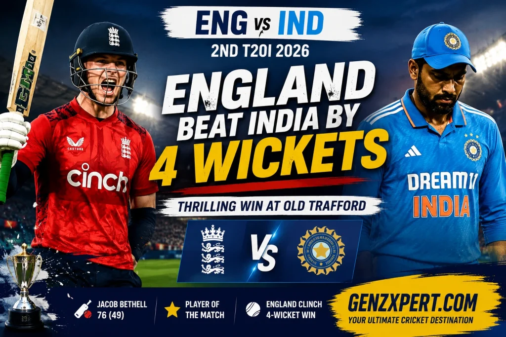 England Beat India by 4 Wickets in 2nd T20I 2026.