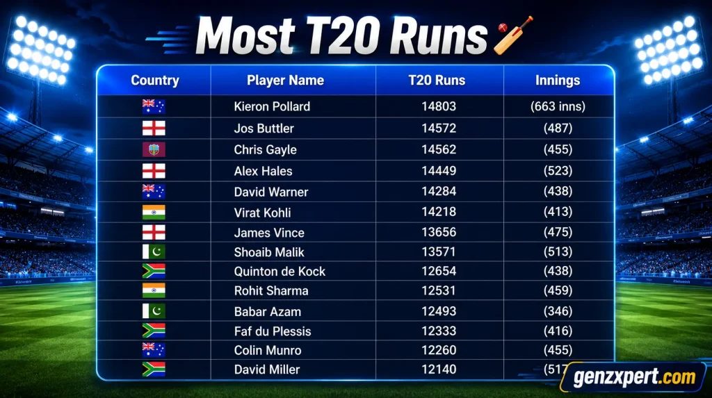 Most Runs in T20 Cricket History